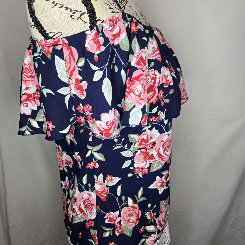 No Boundaries Navy Floral Off-Shoulder Ruffle Top with Pink Roses - Picture 2 of 5